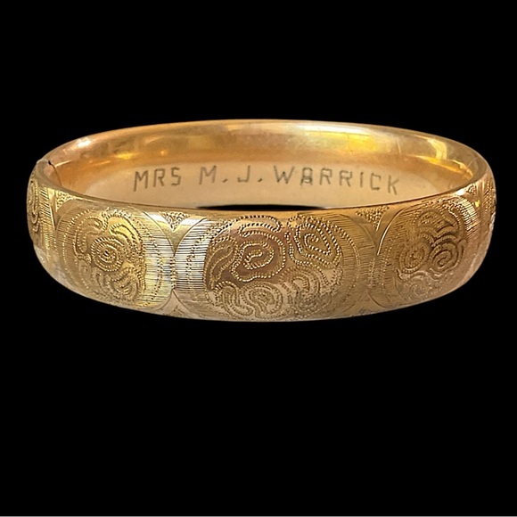 Antique Jewelry - Antique Carved Gold Tone Engraved Bangle Bracelet